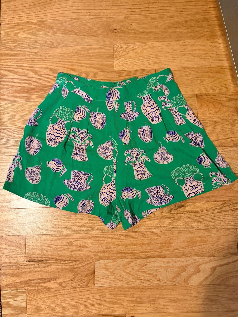 Corey Lynn Calter for Anthropologie green shorts with pink illustration print